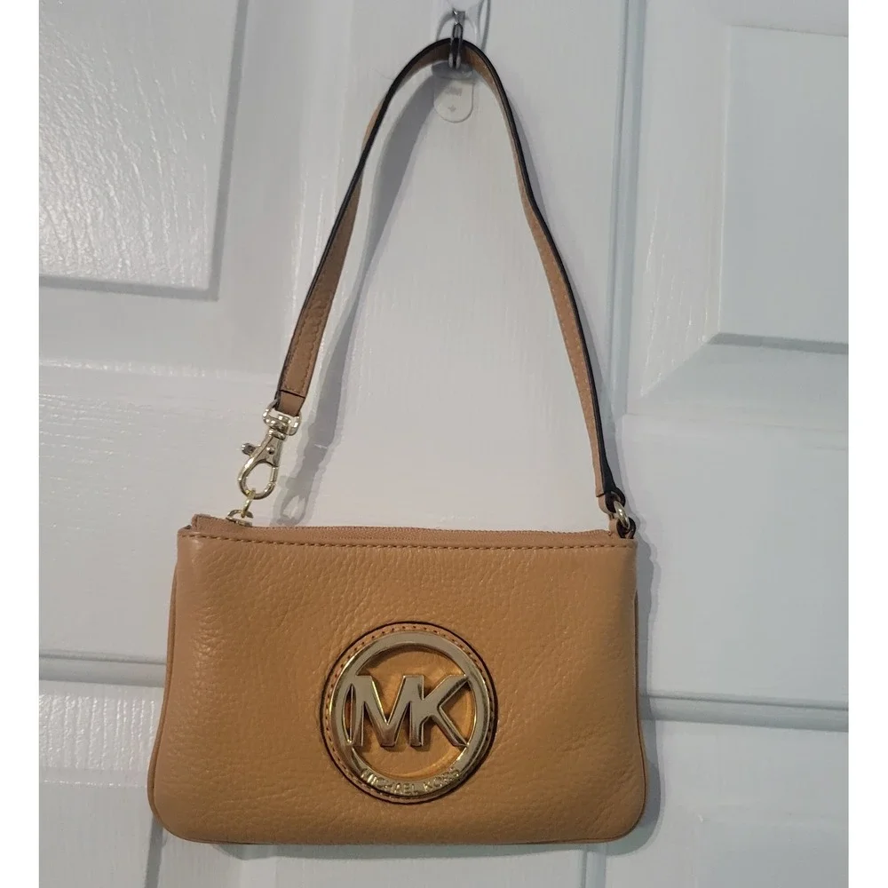Michael Kors Fulton Mustard Pebbled Leather Wristlet Clutch Gold MK Logo Zip
